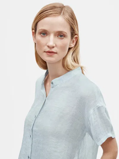 Eileen Fisher Organic Linen Gauze Mandarin Collar Shirt In Blue