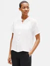 Eileen Fisher Organic Linen Gauze Mandarin Collar Shirt In White