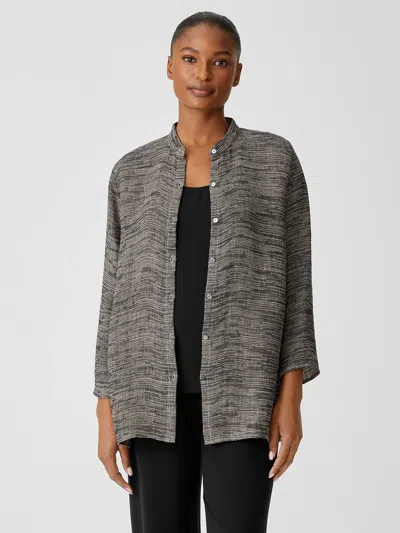 Eileen Fisher Organic Linen Gauze Strata Mandarin Collar Shirt In Black