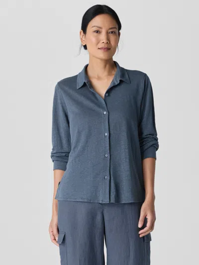 Eileen Fisher Organic Linen Jersey Classic Collar Shirt In Blue