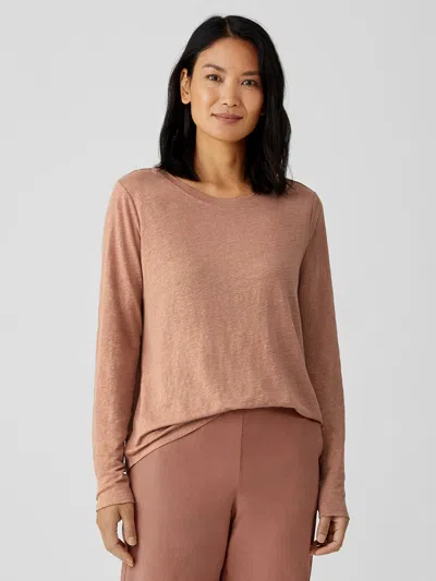 Eileen Fisher Organic Linen Jersey Crew Neck Top In Brown
