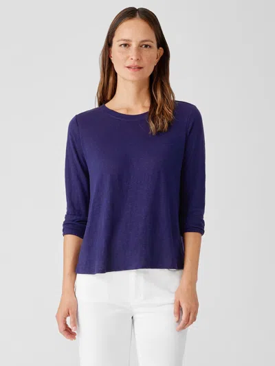 Eileen Fisher Organic Linen Jersey Crew Neck Top In Blue