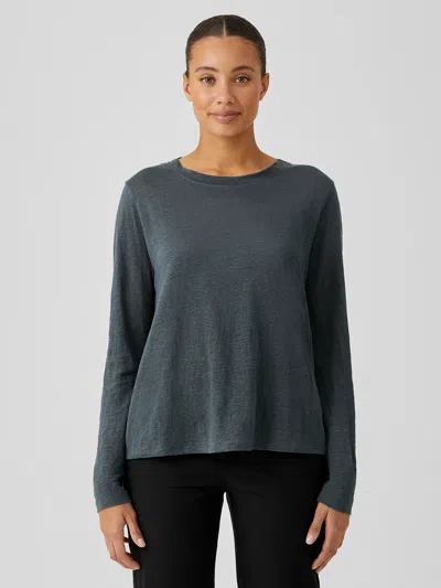 Eileen Fisher Organic Linen Jersey Crew Neck Top In Blue