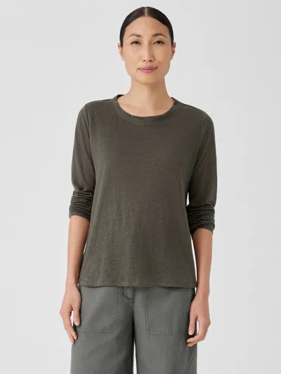 Eileen Fisher Organic Linen Jersey Crew Neck Top In Green
