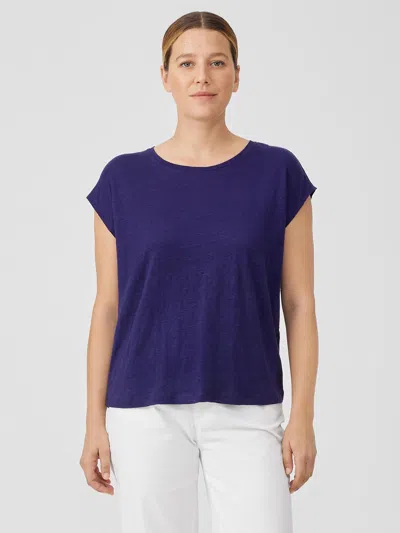 Eileen Fisher Organic Linen Jersey Shirred-back Top In Blue