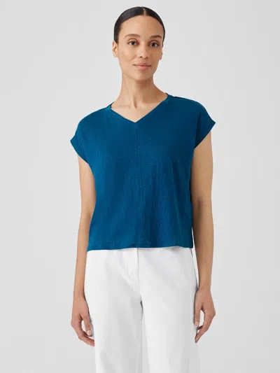 Eileen Fisher Organic Linen Jersey V-neck Tee In Blue