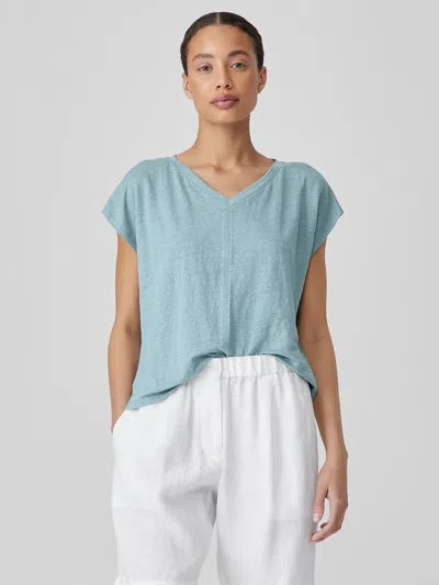 Eileen Fisher Organic Linen Jersey V-neck Tee In Blue
