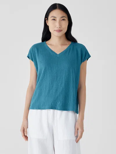 Eileen Fisher Organic Linen Jersey V-neck Tee In Blue