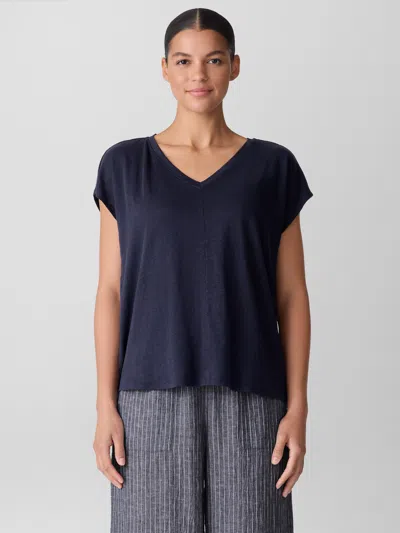 Eileen Fisher Organic Linen Jersey V-neck Tee In Blue