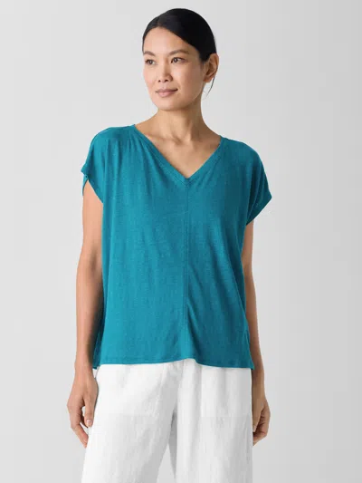 Eileen Fisher Organic Linen Jersey V-neck Tee In Blue