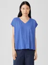 Eileen Fisher Organic Linen Jersey V-neck Tee In Blue