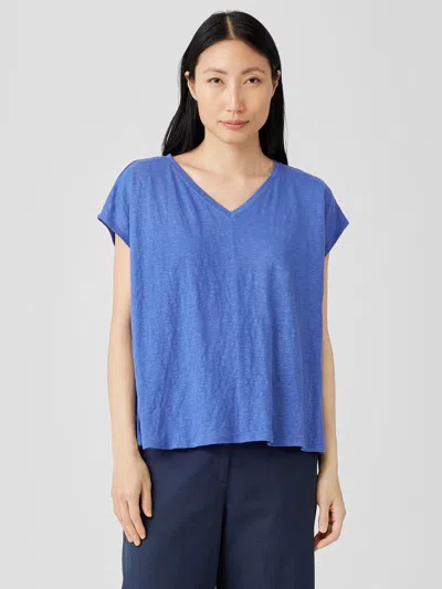 Eileen Fisher Organic Linen Jersey V-neck Tee In Blue