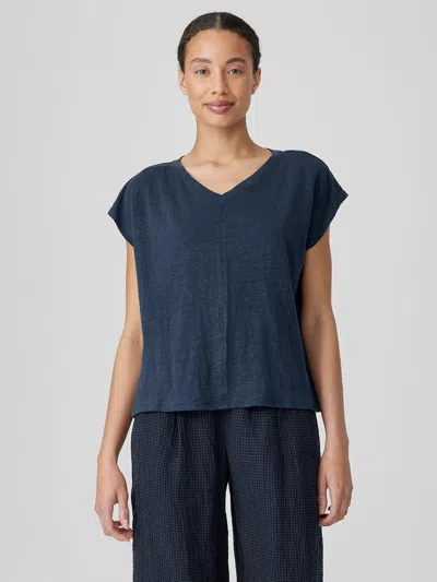 Eileen Fisher Organic Linen Jersey V-neck Tee In Blue