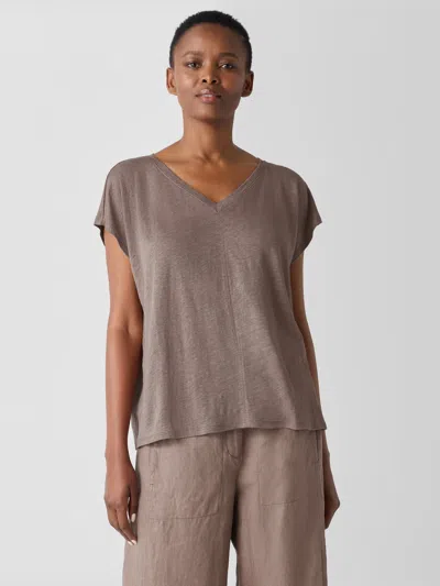 Eileen Fisher Organic Linen Jersey V-neck Tee In Brown
