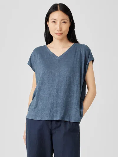 Eileen Fisher Organic Linen Jersey V-neck Tee In Blue