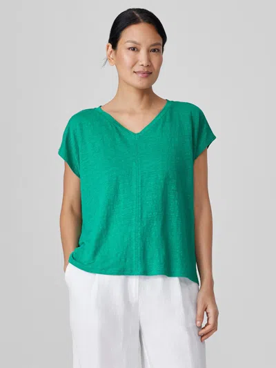 Eileen Fisher Organic Linen Jersey V-neck Tee In Green