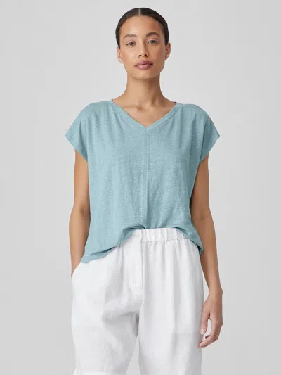 Eileen Fisher Organic Linen Jersey V-neck Tee In Blue