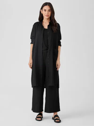 Eileen Fisher Organic Linen Mandarin Collar Dress In Black