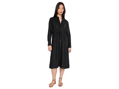 Eileen Fisher Organic Linen Mandarin Collar Dress In Black