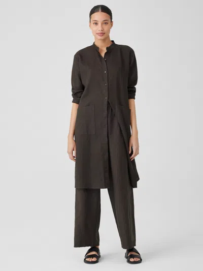 Eileen Fisher Organic Linen Mandarin Collar Dress In Brown