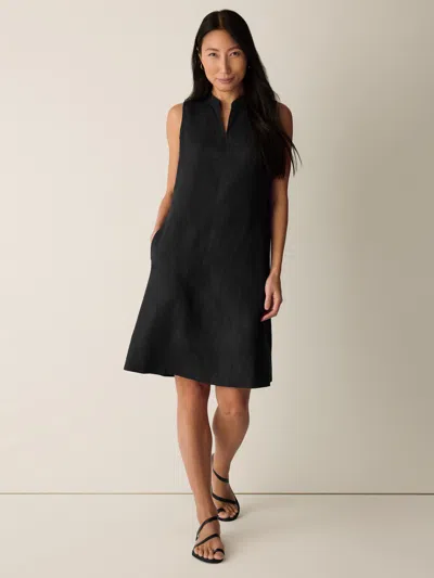Eileen Fisher Organic Linen Split Neck Dress In Black