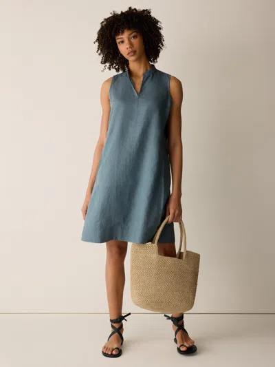 Eileen Fisher Organic Linen Split Neck Dress In Blue