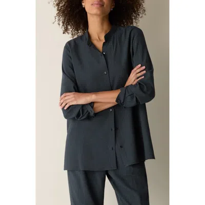 Eileen Fisher Oversize Band Collar Button-up Shirt In Blue