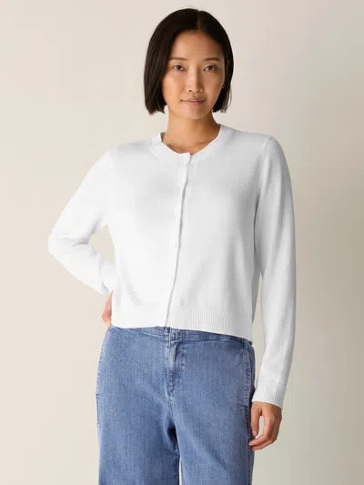 Eileen Fisher Peruvian Cotton Blend Crew Neck Cardigan In White