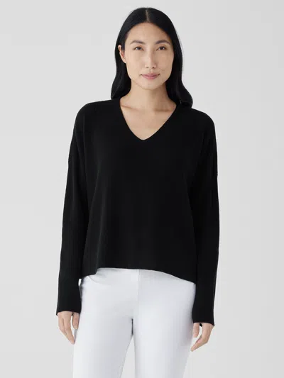 Eileen Fisher Peruvian Organic Cotton Crepe V-neck Top In Black