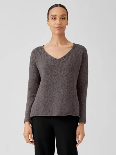 Eileen Fisher Peruvian Organic Cotton Crimp V-neck Top In Brown