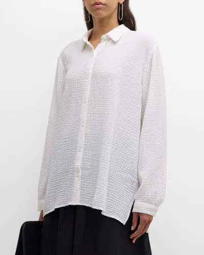 Eileen Fisher Petite Button-down Organic Cotton Gauze Shirt In White