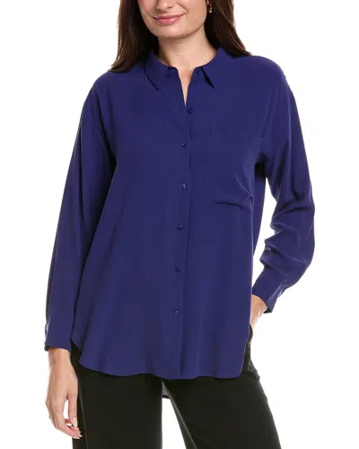 Eileen Fisher Petite Classic Collar Long Silk Shirt In Blue