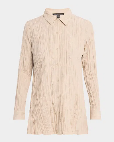 Eileen Fisher Petite Crinkled Side-slit Habotai Silk Shirt In Neutral
