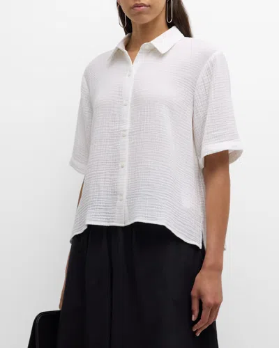 Eileen Fisher Petite Elbow-sleeve Organic Cotton Gauze Shirt In White