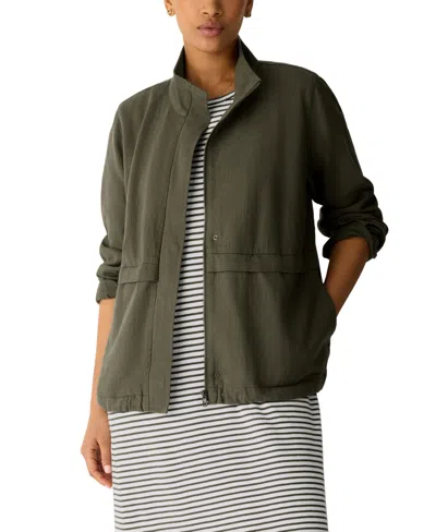 Eileen Fisher Petite High-collar Zip-front Cotton-linen Jacket In Green
