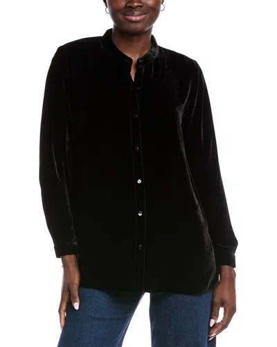 Eileen Fisher Petite Mandarin Collar Long Silk-blend Shirt In Black