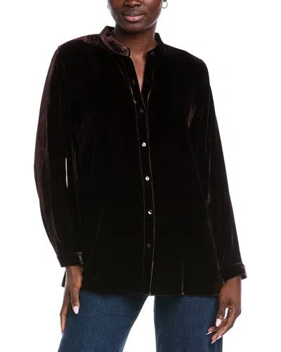 Eileen Fisher Petite Mandarin Collar Long Silk-blend Shirt In Brown