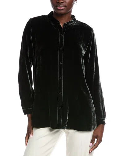 Eileen Fisher Petite Mandarin Collar Long Silk-blend Shirt In Green