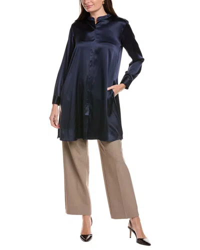 Eileen Fisher Petite Mandarin Collar Silk-blend Shirt In Blue