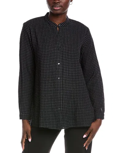 Eileen Fisher Petite Mandarin Collar Wool-blend Long Shirt In Black