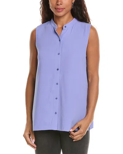 Eileen Fisher Sleeveless Button-down Georgette Crepe Shirt In Blue