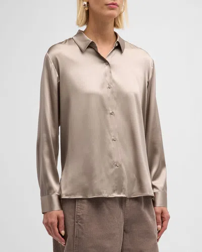 Eileen Fisher Stretch Silk Charmeuse Classic Collar Shirt In Gray