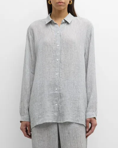 Eileen Fisher Petite Striped Button-down Organic Linen Shirt In White/ Black