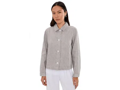 Eileen Fisher Petite Striped Organic Linen Sheen Classic Collar Jacket Women's Jacket Wren: Pl In Gray