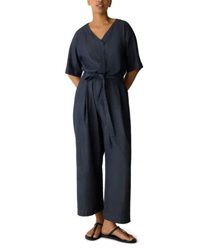 Eileen Fisher Petite Twill Wide-leg Belted Jumpsuit In Denim
