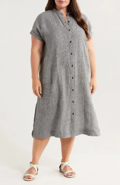 Eileen Fisher Pinstripe Short Sleeve Organic Linen Shift Dress In Gray