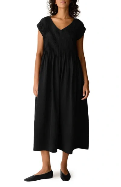 Eileen Fisher Pintuck Pleat Silk Maxi Dress In Black