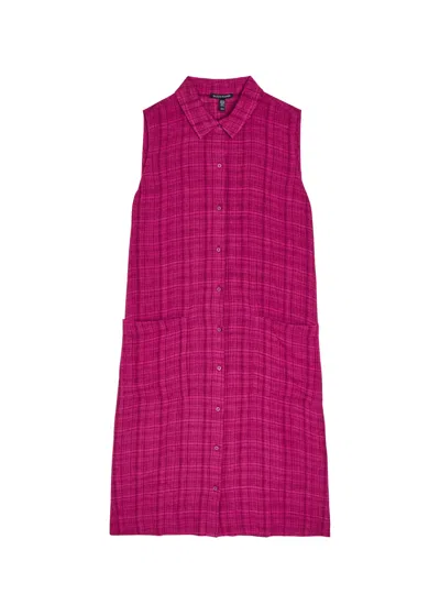 Eileen Fisher Plaid Linen Mini Shirt Dress In Pink