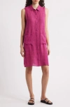 Eileen Fisher Crinkled Plaid Organic Linen Shift Shirtdress