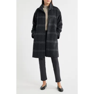 Eileen Fisher Plaid Stand Collar Alpaca & Wool Blend Coat In Black